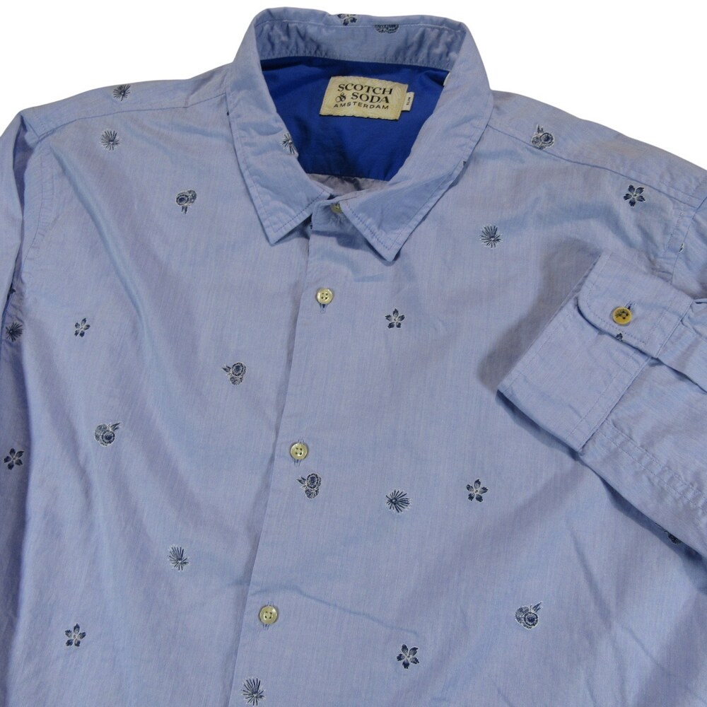 Scotch & Soda Mens Button Down Shirt XXL Slim Fit Light Blue Floral Allover